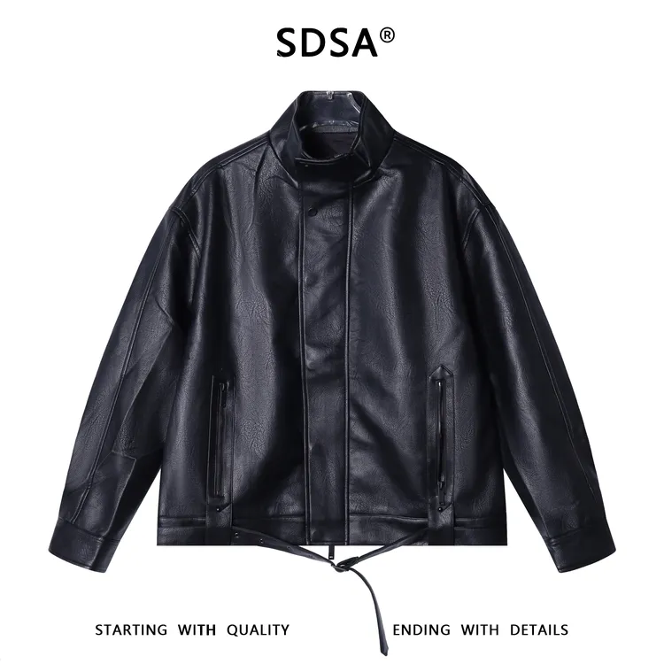 SDSA男士秋冬新款痞帅男装潮牌拉链口袋拉链立领皮衣夹克百搭宽松