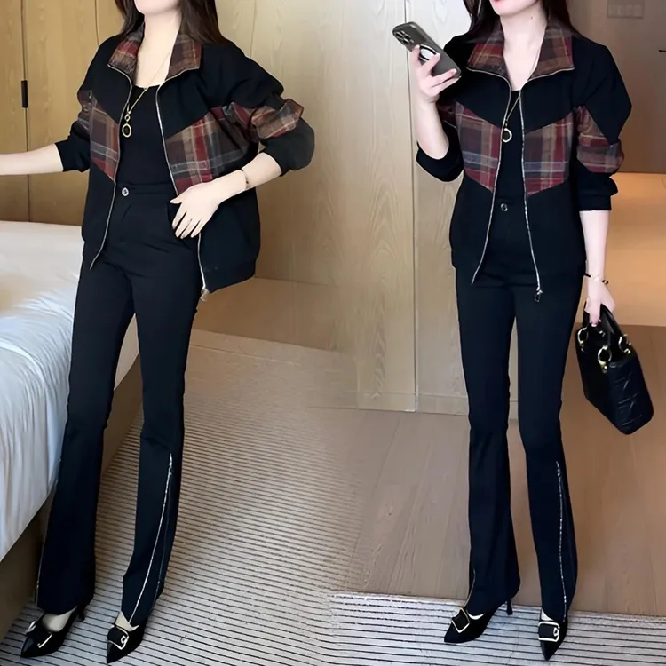 时尚撞色拼接格子外套女2025春秋款洋气显瘦小个子休闲夹克短外套