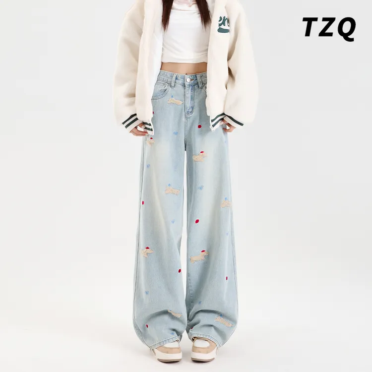 浅蓝美式腊肠狗刺绣阔腿牛仔裤女2025新款爆款拖地裤子TZQ2582505