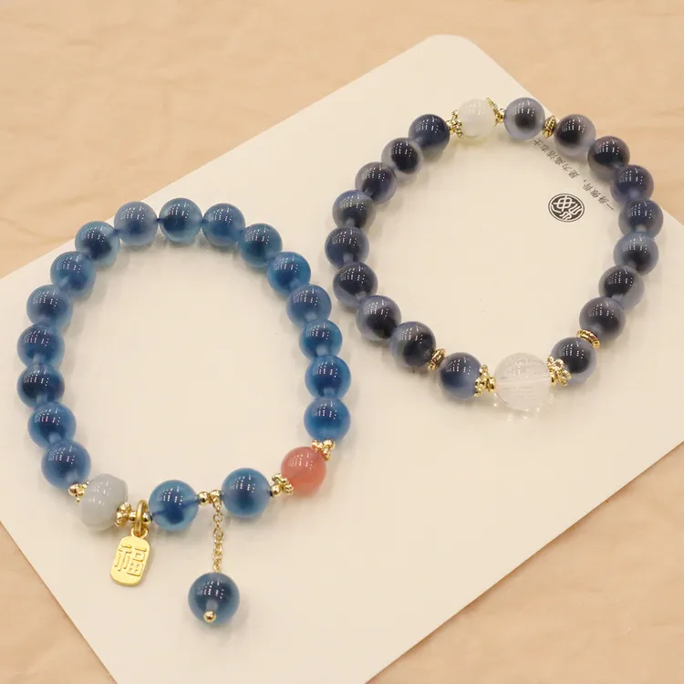 新款天然蓝糖心玛瑙手链新中式心经转运珠设计春日珠宝福牌