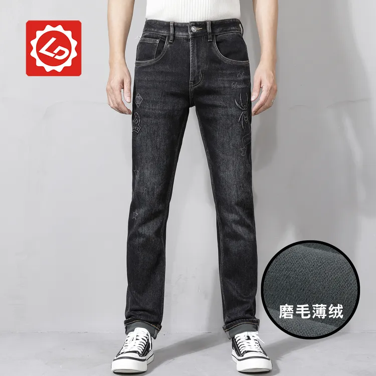 [小直筒]磨毛EA5119唠叨秋冬新款男士弹力镭射烧花凸胶加厚牛仔裤