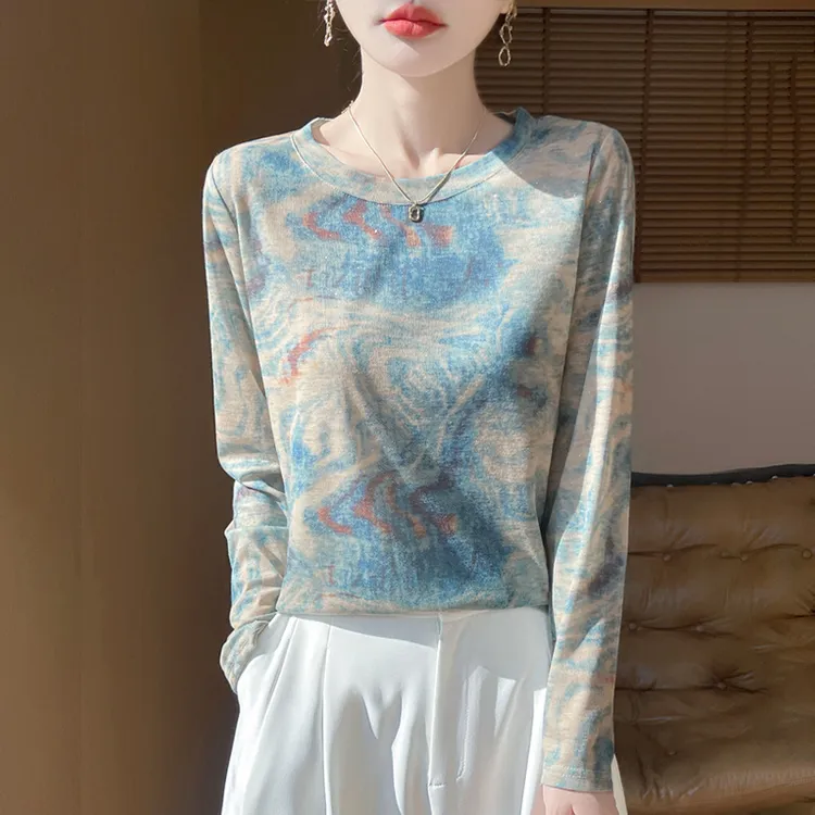 精纺薄款晕染印花针织打底衫女圆领宽松百搭显瘦毛衣内搭上衣印花