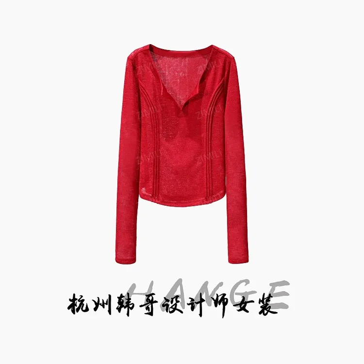 【韩哥女装】欧版设计师同款安可拉红褶线长袖V领高弹上衣9093-A0