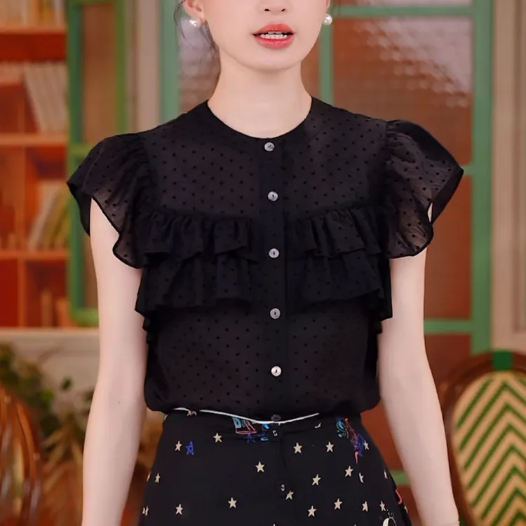 2025夏季新款法式波点衬衫女木耳边立领宽松设计感洋气显瘦上衣