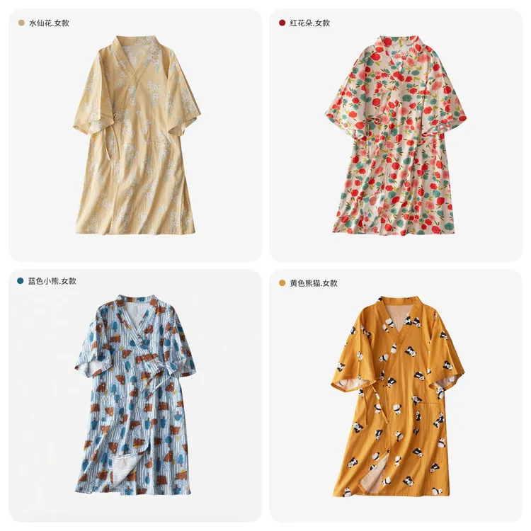 【段姐家居服】全棉纱布睡裙女夏季浴袍汉服款亲肤透气和服睡衣