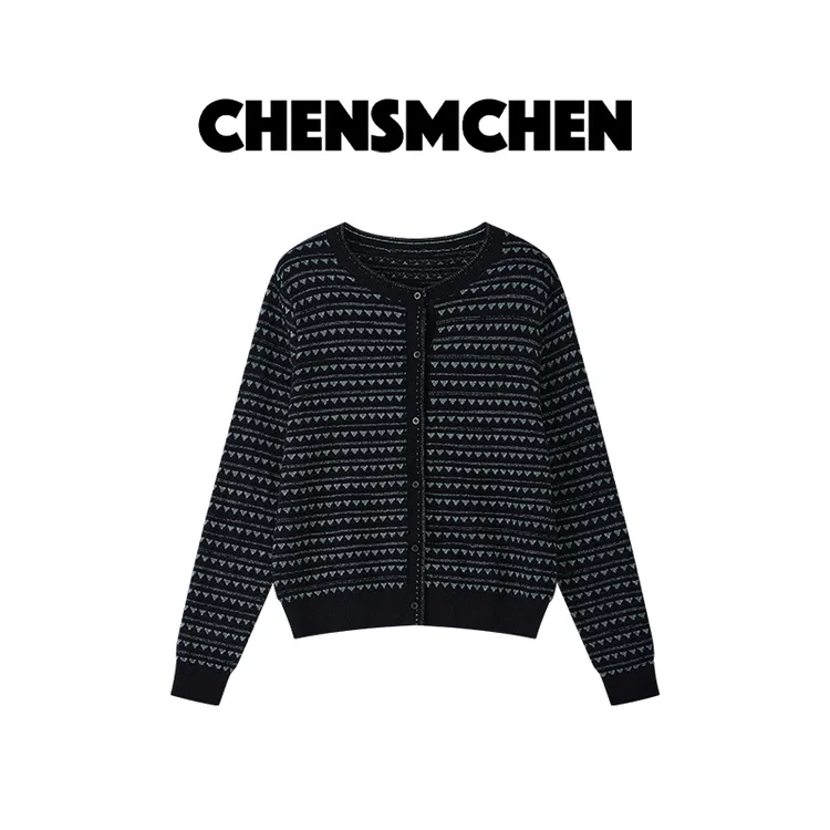 CHENSMCHEN 绵羊毛亮丝织花针织衫女复古时尚显瘦开衫CSZ8113WY