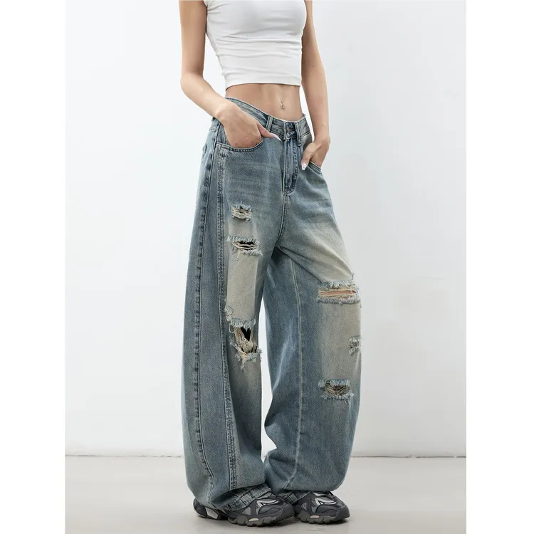 做旧水洗破洞弯刀牛仔裤女夏季新款宽松显瘦慵懒感百搭裤子1049#