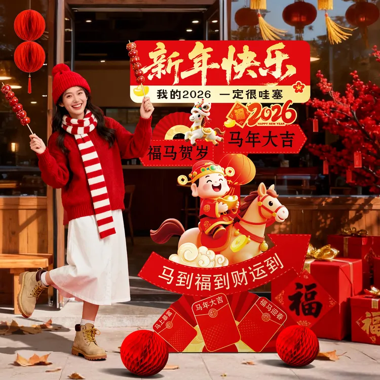 新年装饰品氛围布置场景2026元旦过马年会春节开门红店铺打卡kt板