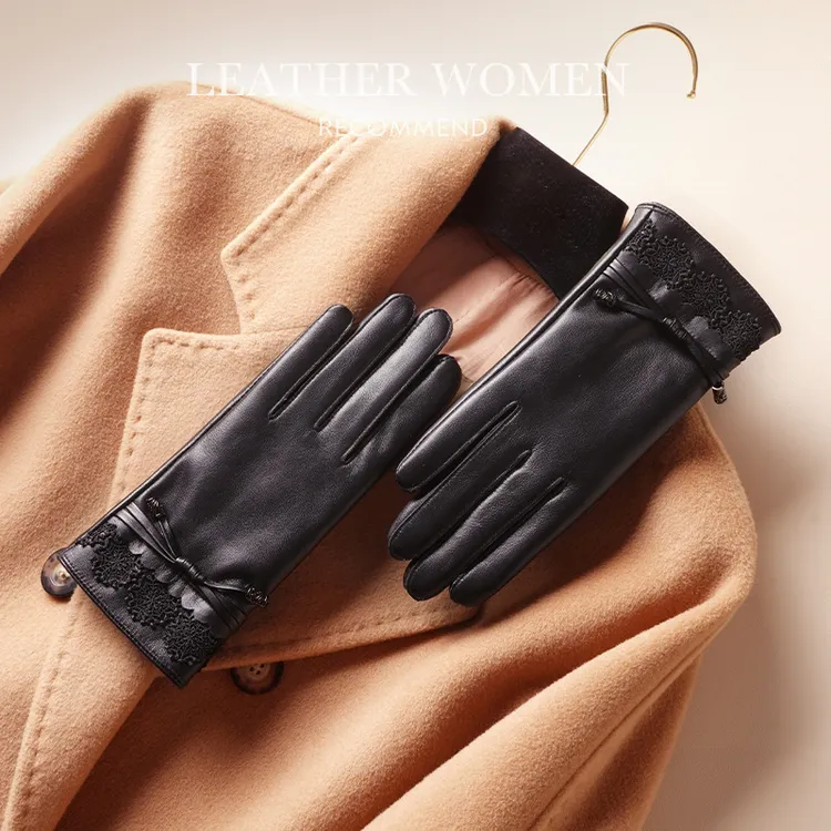 真皮手套女秋冬季加绒加厚保暖防寒户外骑行开车时尚触屏头层羊皮