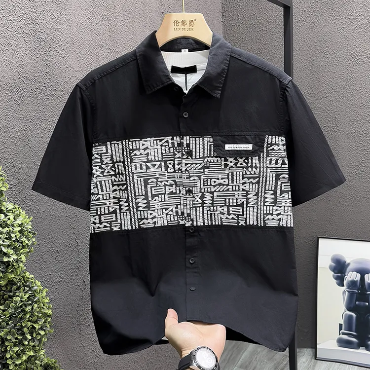 夏季新款轻奢撞色拼接男装短袖衬衫痞帅高级感衬衣休闲宽松上衣男