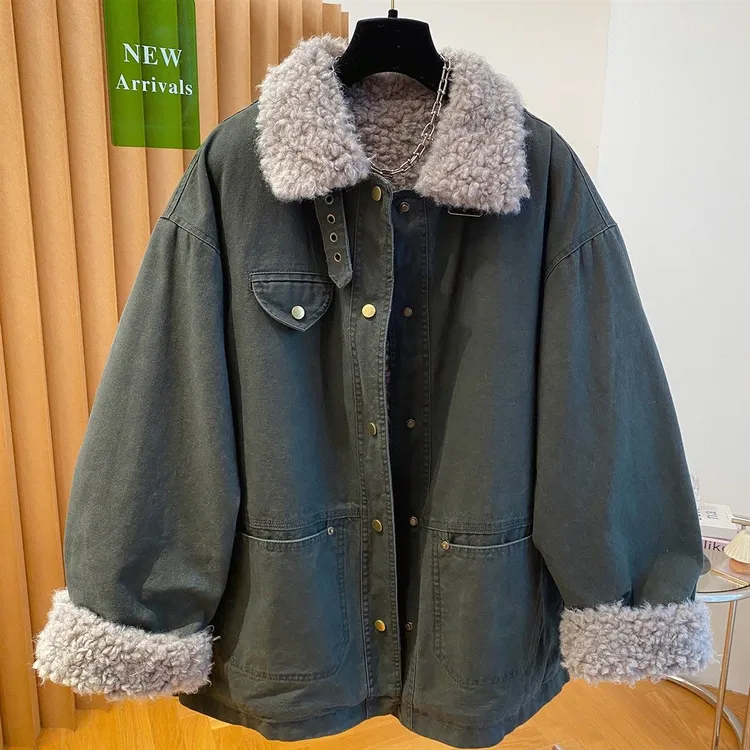 高级感羊羔毛内里派克服女冬季2025新款宽松大版中长款毛毛领大衣