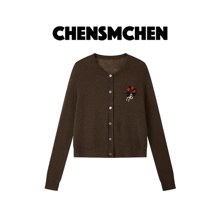 CHENSMCHEN100山羊绒重工钩花针织衫女经典休闲百搭开衫CSR7454WY