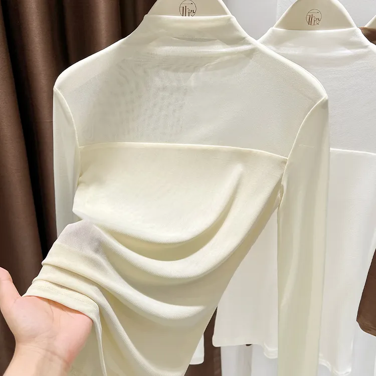纯色半高领蕾丝打底衫女内搭2025秋冬新款网纱上衣雪纺长袖t恤潮
