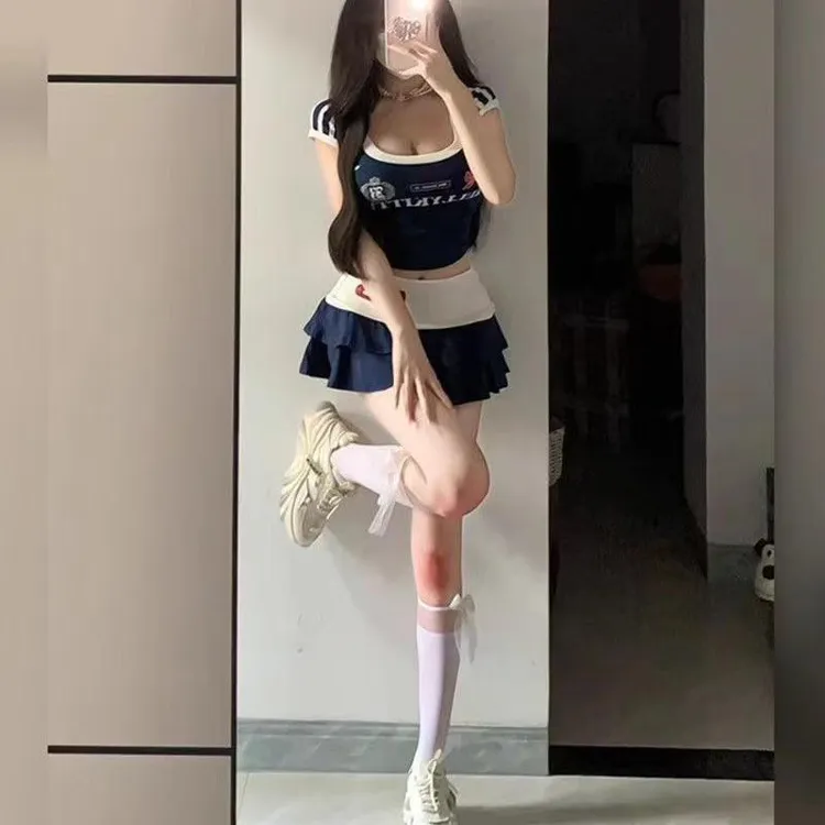 复古美式撞色显瘦微胖短袖恤上衣女夏辣妹风性感字短裙运动套装