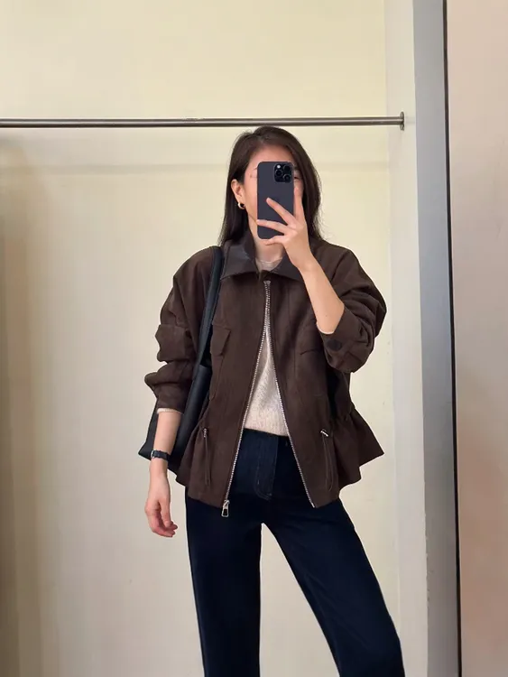 欧货设计感拼接翻领皮衣工装短外套女2025秋新款小个子皮夹克风衣