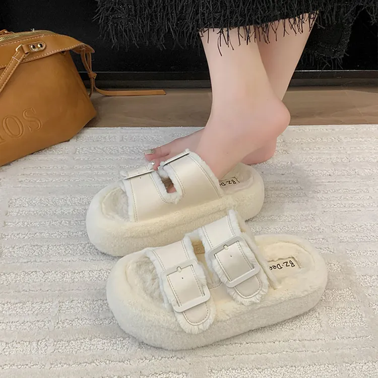 轻奢高级感~厚底增高INS网红毛毛拖鞋女冬季百搭加绒保暖棉拖鞋潮