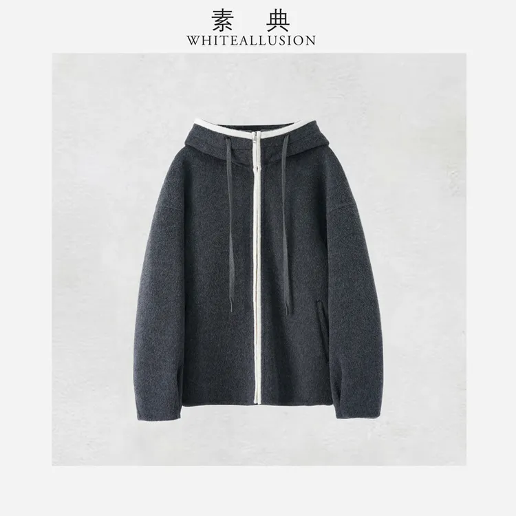 素典【松弛基调】高级灰连帽纯羊毛双面呢带拉链高级感毛呢3205