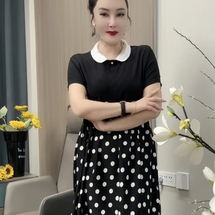 092连衣裙遮肚宽松中长裙气质轻熟风夏季不褪色时尚黑色娃娃领