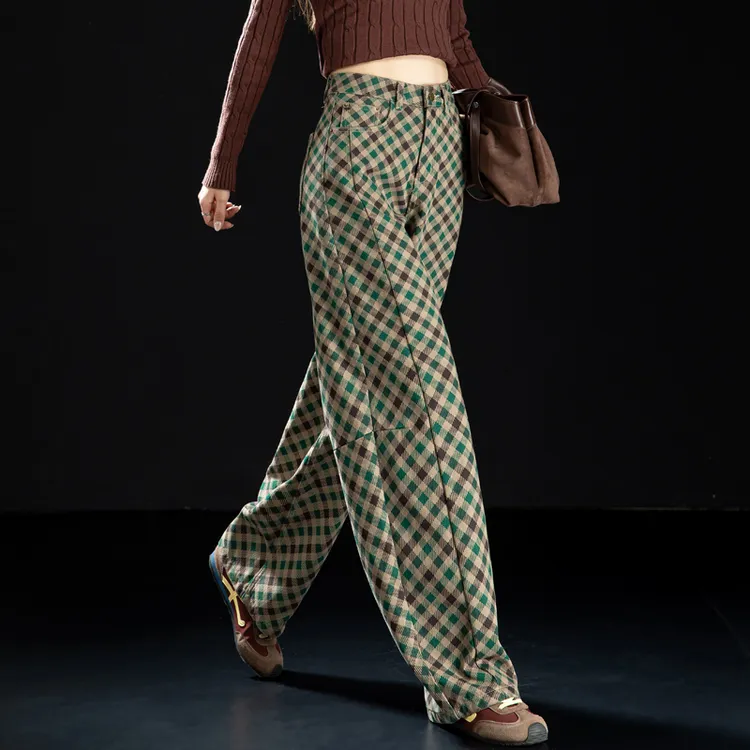 复古洋气格纹休闲裤女2025新款秋冬植绒加厚裤子宽松慵懒风弯刀裤