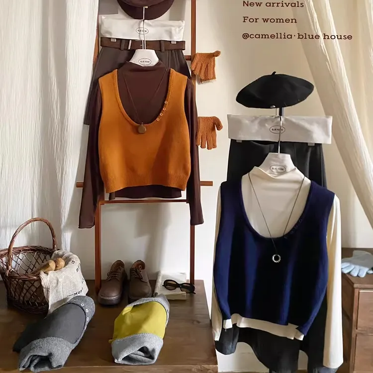 复古叠穿撞色U领针织马甲套装女秋冬半高领打底衫两件套装