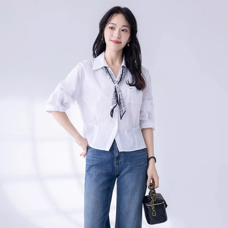 (祥盛)19款春秋时尚百搭宽松休闲舒适简约气质七分袖衬衫女