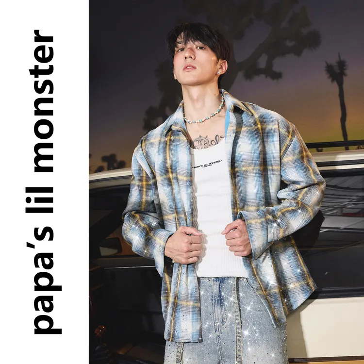 PAPASLILMONSTER【原创】美式烫钻复合银狐绒加厚格子长袖衬衫男