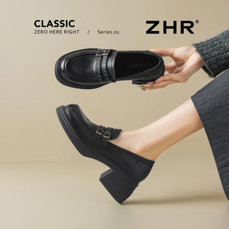 ZHR粗跟乐福鞋女秋季新款英伦风小皮鞋浅口百搭增高显腿长单鞋