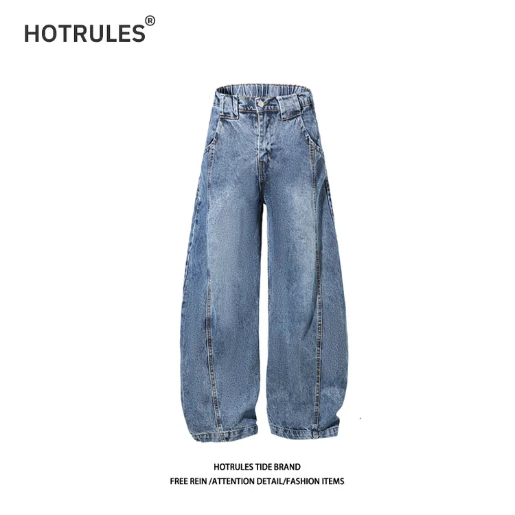 HOTRULES秋季美式复古做旧明线男女同款弯刀裤宽松阔型水洗牛仔裤