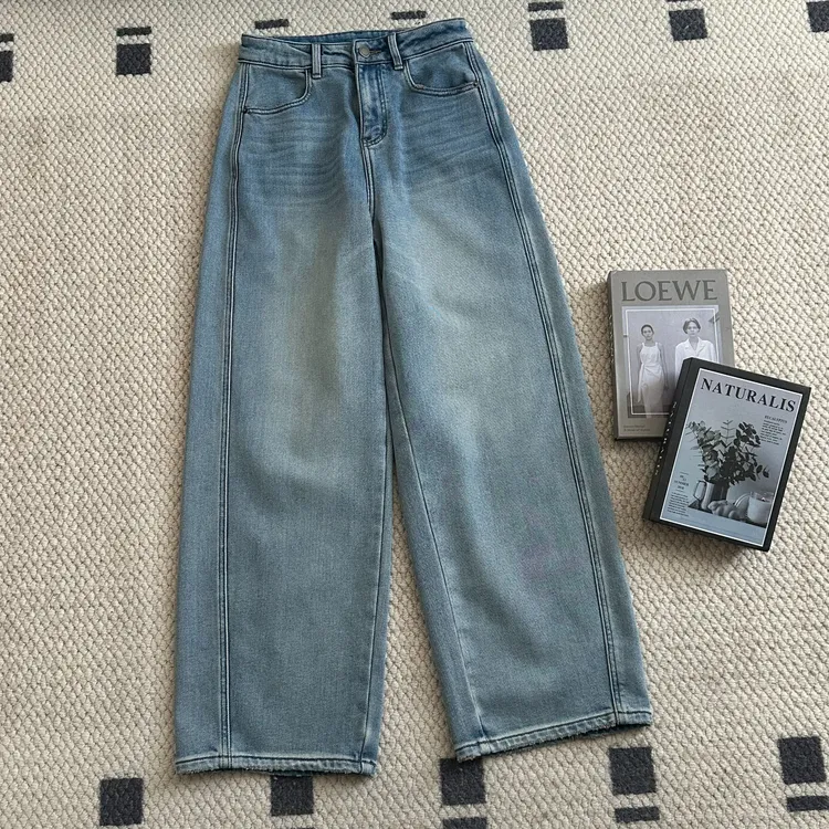 【米可家】自留款冬季加厚植绒内里浅蓝色牛仔弯刀裤8870-2