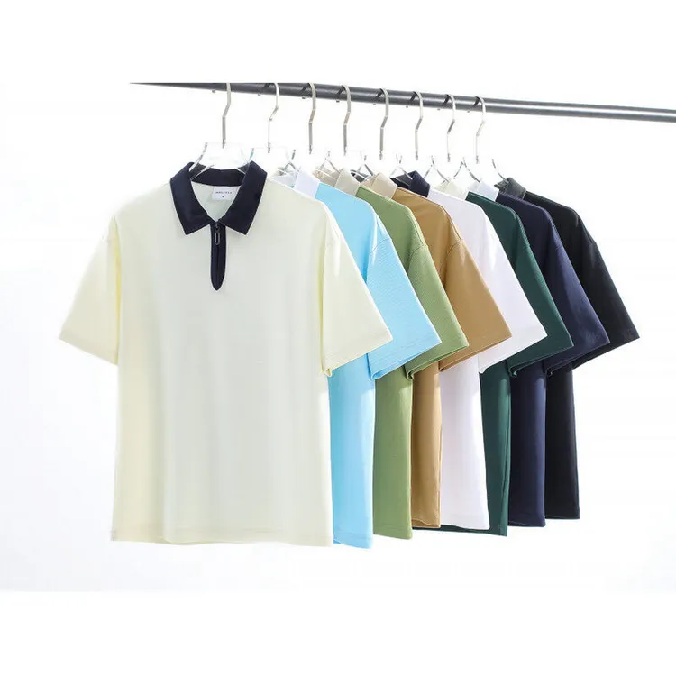 美式重磅polo衫男翻领半拉链短袖夏季纯色简约青少年情侣正肩t恤