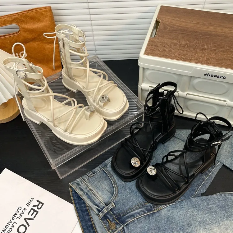 2025夏季新款时尚交叉绑带仙女风配休闲裙子ins厚底罗马凉鞋