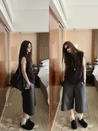 25200高腰休闲风皮阔腿裤