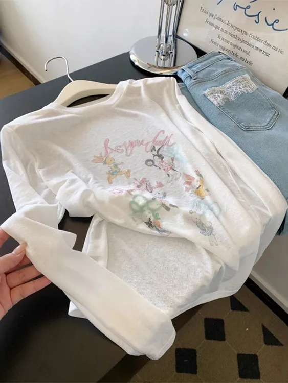 2025新款爆款白色薄款微透印花长袖防晒罩衫T恤女夏日绝美小上衣