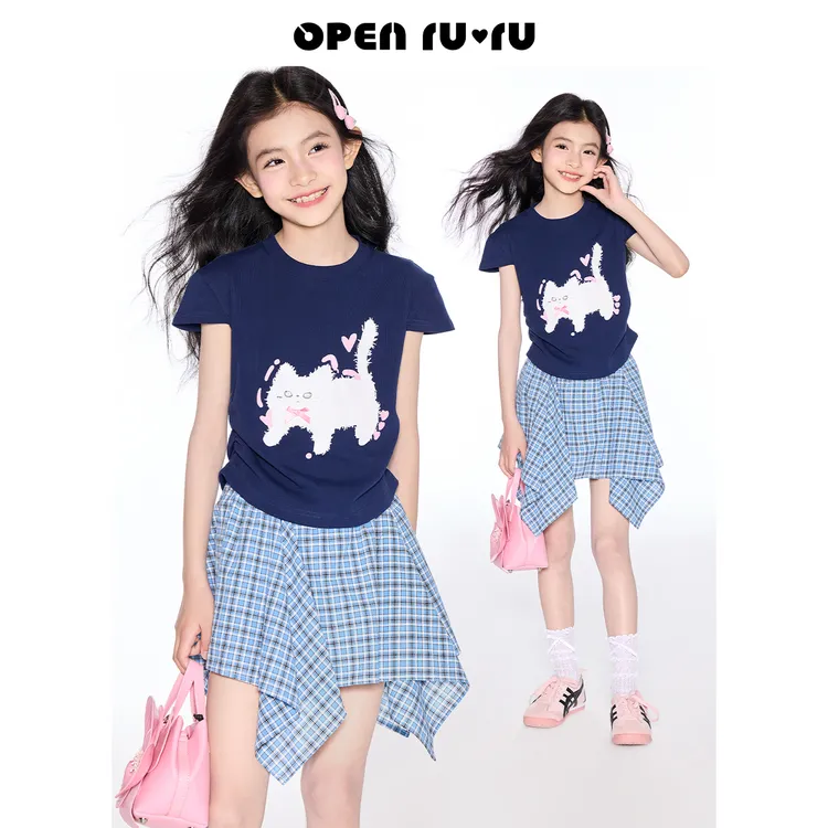 Opennunu女童猫咪正肩短袖T恤夏季儿童甜美印花修身短款上衣