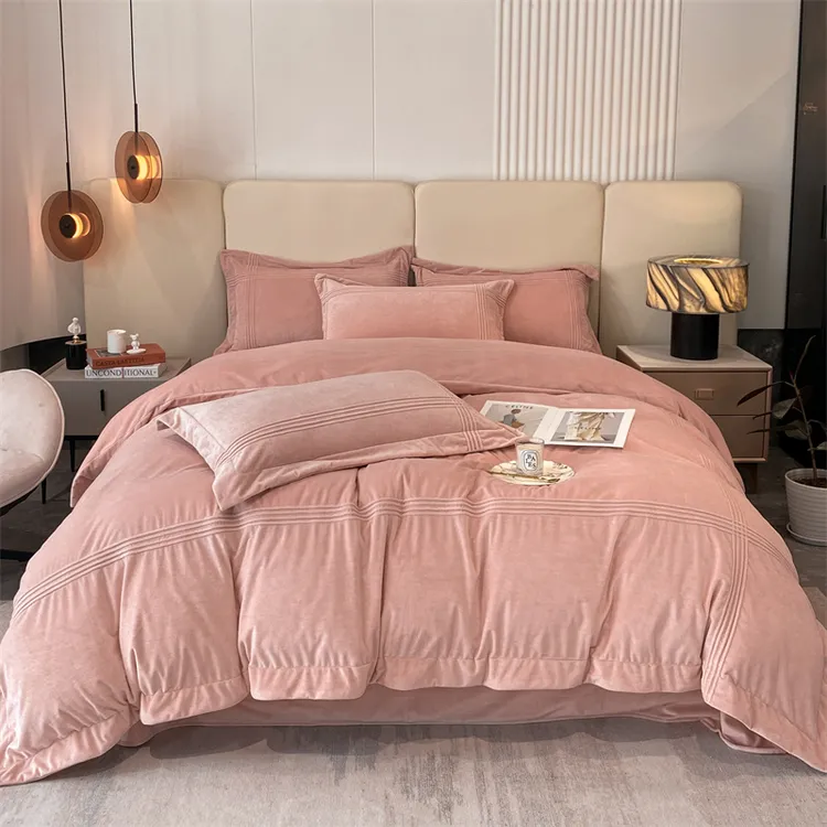 冬季牛奶绒雕花四件套加绒被套加厚保暖双面绒床上用品