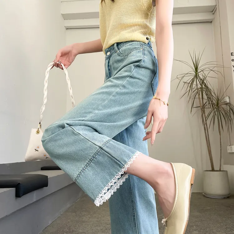 蕾丝直筒牛仔裤女2025年夏季薄款高腰显瘦薄荷绿烟管裤就跟小个子
