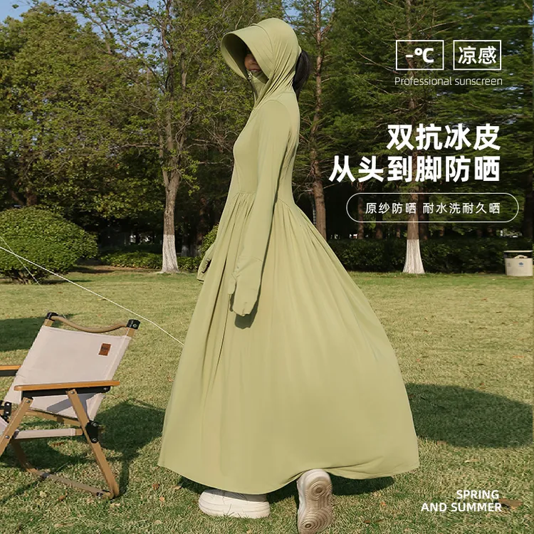 2025夏季长款指尖防晒衣女士户外防紫外线凉感透气薄款收腰连衣裙