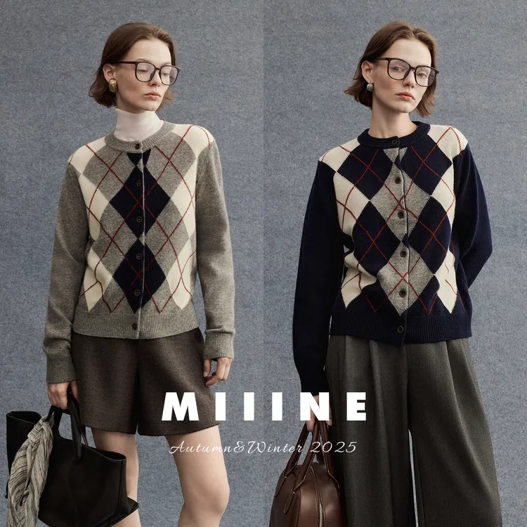 Miiine澳洲美利奴羊毛格纹开衫 复古落肩设计知识分子风针织开衫