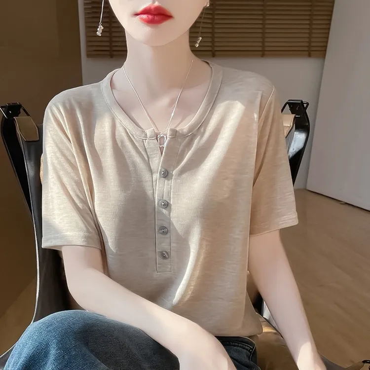 细腻针织短袖t恤女2025新款宽松显瘦百搭休闲上衣夏季打底T恤半袖