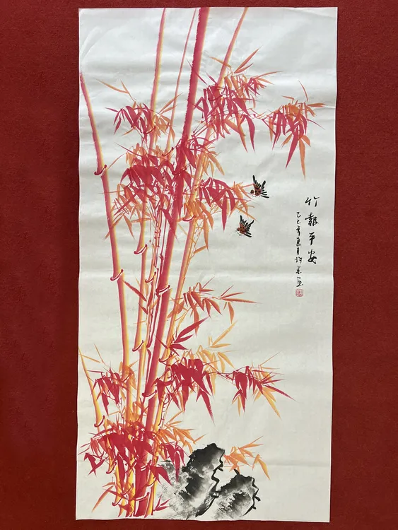 408四尺65x135cm竹报平安红色玄关书房客厅办公室现代手工装饰画