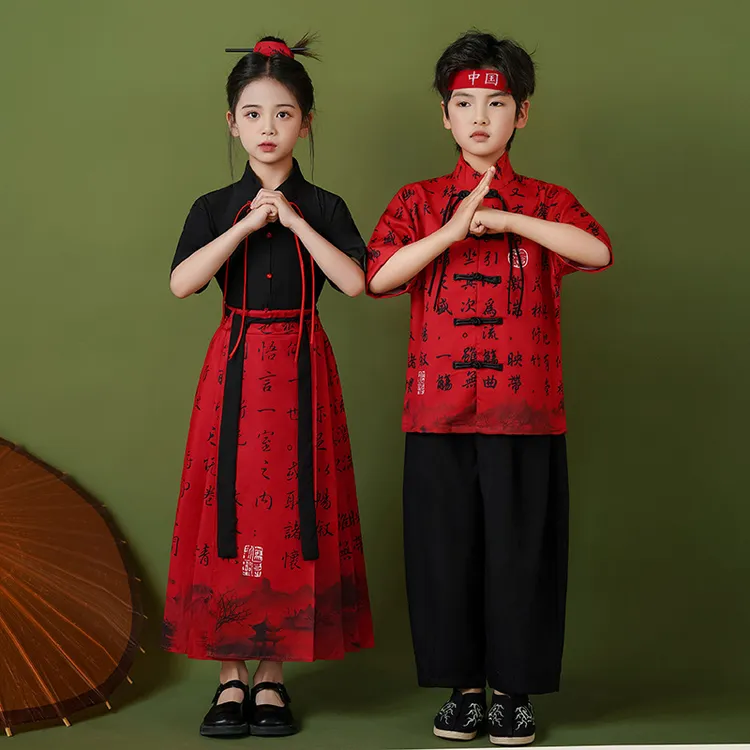 A夏季儿童汉服马面裙儿童啦啦操演出服运动会汉服服装套装