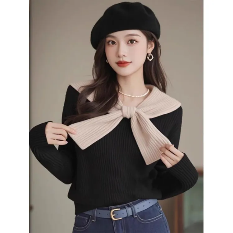 撞色拼接蝴蝶结针织毛衣女新款早秋季慵懒高级感通勤好看漂亮上衣