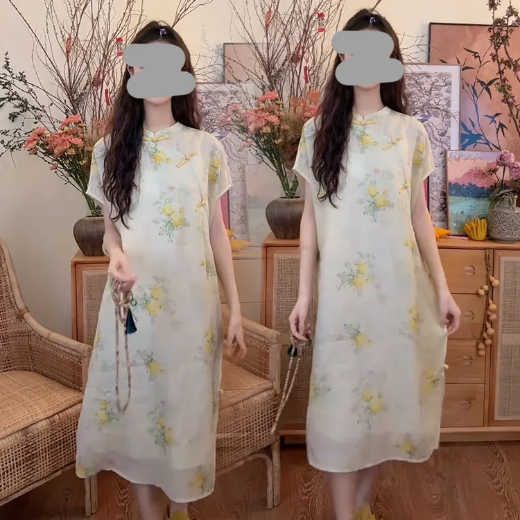 设计感中式国风盘扣立领连衣裙女2025年夏季新款时尚气质提花裙子