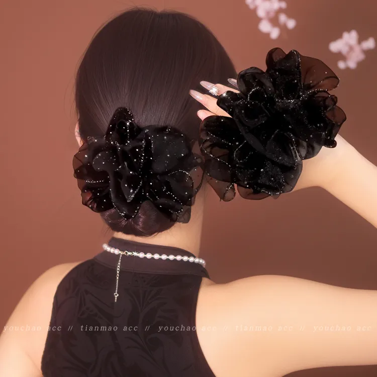 欧根纱妈妈头花大肠发圈女高级感洋气时尚满天星头饰低丸子头发绳