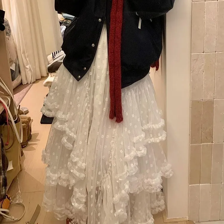 波点木耳边拼接蕾丝半身裙女冬季2025新款甜美高腰蛋糕网纱a字裙