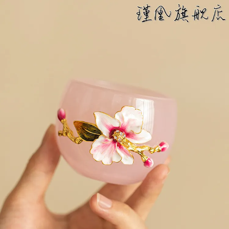 手工捏花粉琉璃水晶茶杯茶具主人杯品茗杯水杯家用下午茶功夫茶具