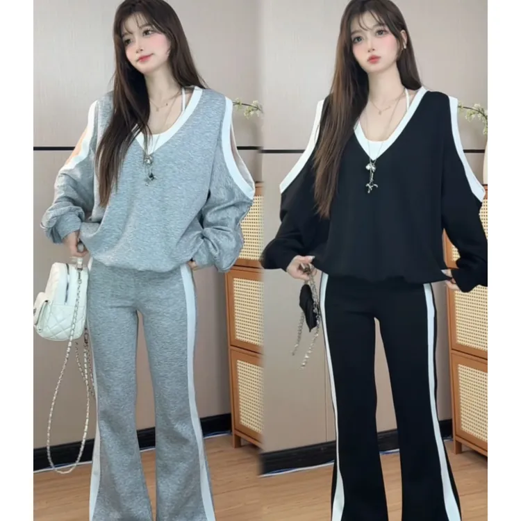 穿搭一整套女V领露肩松弛感长袖卫衣高腰显瘦微喇裤两件套