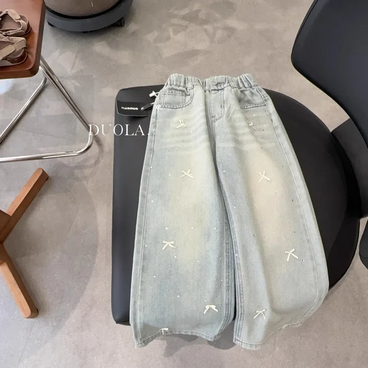 2025春款女童中大童蝴蝶结珍珠牛仔裤时髦休闲直筒裤儿童阔腿长裤