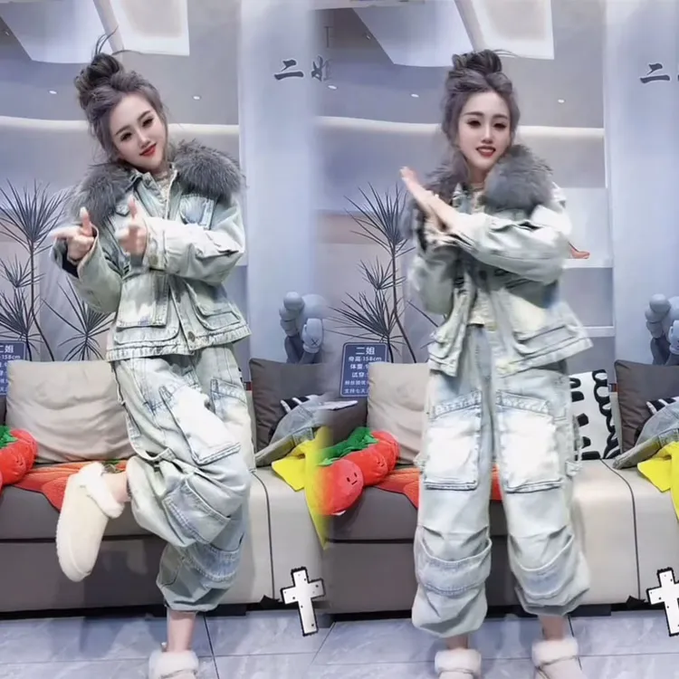 2025冬季欧洲站夹棉牛仔外套工装裤两件套重工水洗做旧加绒套装女