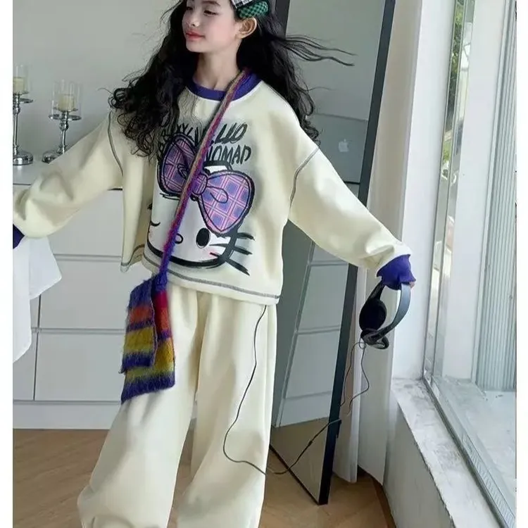 女童秋装卡通卫衣直筒裤两件套2025新款中大童韩版女孩运动套装潮